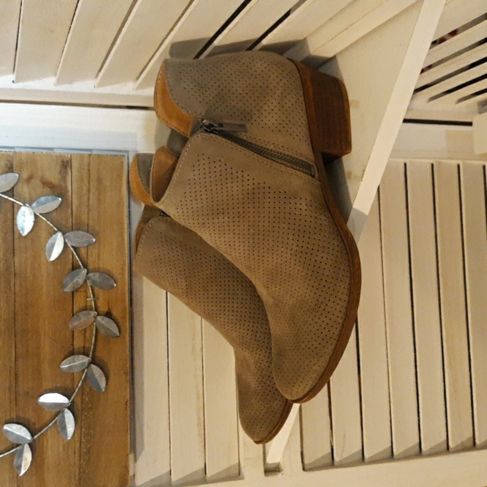 Tan Perforated Suede Basel Bootie Double Zipper Stacked Heel